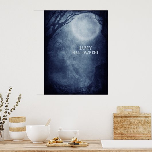Spooky Halloween Ghost Full Moon bij nacht Poster (Keuken)