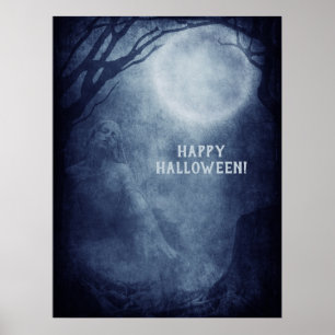 Spooky Halloween Ghost Full Moon bij nacht Poster