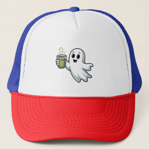 Spooky Halloween Ghost Holding Matcha Trucker Pet