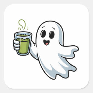 Spooky Halloween Ghost Holding Matcha Vierkante Sticker
