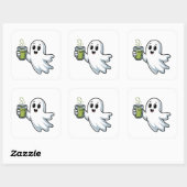 Spooky Halloween Ghost Holding Matcha Vierkante Sticker (Vel)