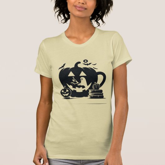 Spooky Halloween Ghost met Pumpkin Mok T-shirt (Voorkant)
