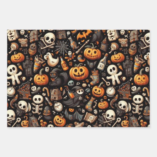Spooky Halloween Ghost Pattern Zwart Inpakpapier Vel (Voorkant 2)