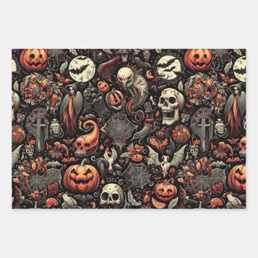 Spooky Halloween Ghost Pattern Zwart Inpakpapier Vel (Voorkant)