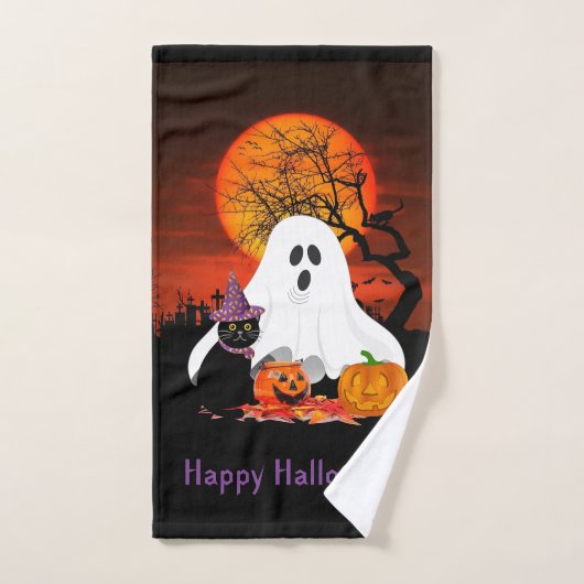 Spooky Halloween Ghost Pompoen Kat Handdoek (Handdoek)