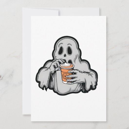 Spooky Halloween Ghost Sippin Pompoen latte Herfst Kaart (Voorkant)