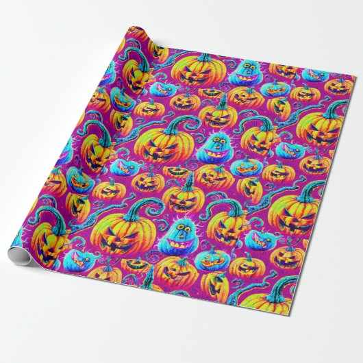 Spooky Halloween Ghosts en Pumpkin Wrapping Paper Cadeaupapier (Uitgerold)