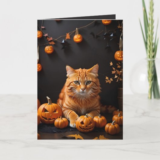 Spooky Halloween Ginger Cat and Pumpkins Holiday Kaart (Voorkant)
