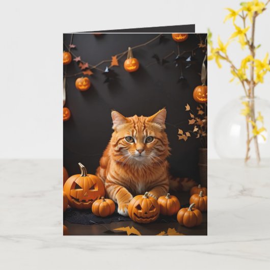 Spooky Halloween Ginger Cat and Pumpkins Holiday Kaart (Gele Bloem)