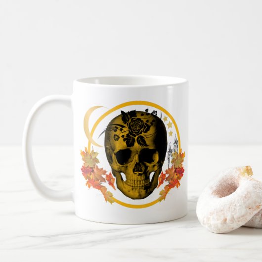 Spooky Halloween gouden schedel met zwart Roos Koffiemok (Met donut)