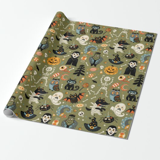 Spooky Halloween Green Cadeaupapier (Uitgerold)