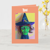 Spooky Halloween Green Witch Face Wenskaart Kaart (Gele Bloem)