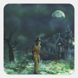 Spooky Halloween Grim Reaper en Haunted House Vierkante Sticker