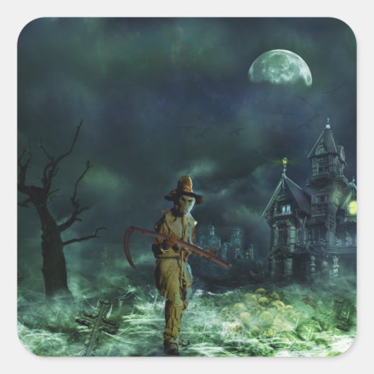 Spooky Halloween Grim Reaper en Haunted House Vierkante Sticker (Voorkant)