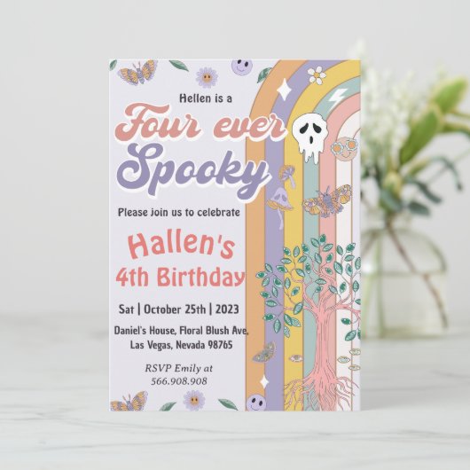 Spooky Halloween Groovy Rainbow 4e verjaardagsfees Kaart (Staand voorkant)