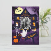 Spooky Halloween Haunted House 2 foto's Feestdagenkaart (Staand voorkant)