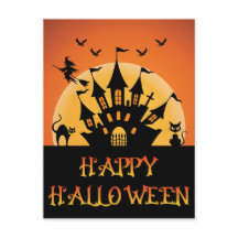 Spooky Halloween Haunted House Cat Witch Bat