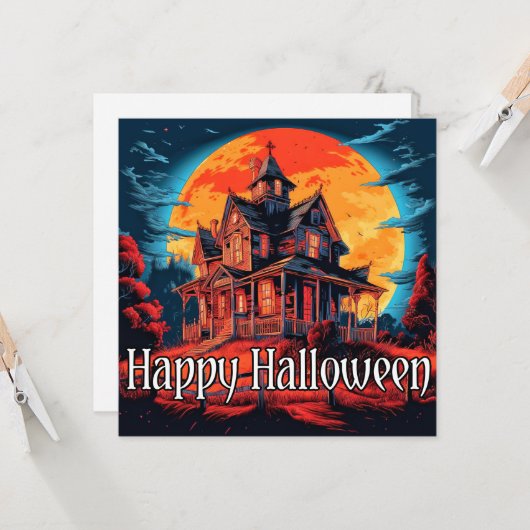 Spooky Halloween Haunted House Kaart (Voorkant / Achterkant in situ)