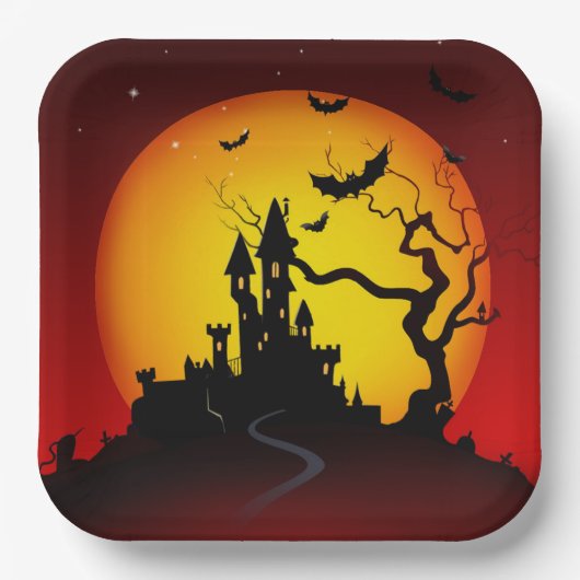 Spooky Halloween Haunted House Papieren Bordje (Voorkant)