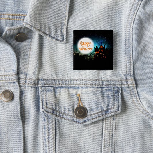 Spooky Halloween Haunted House Vierkante Button 5,1 Cm (In situ)