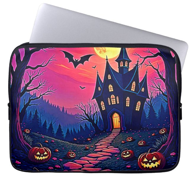 Spooky Halloween Haunted Mansion Art Laptop Sleeve (Voorkant)