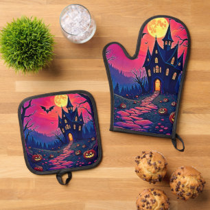 Spooky Halloween Haunted Mansion Art Ovenwant & Pannenlap Set