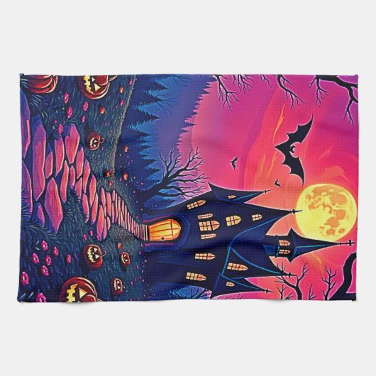 Spooky Halloween Haunted Mansion Art Theedoek (Horizontaal)