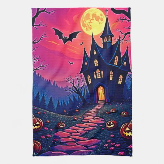 Spooky Halloween Haunted Mansion Art Theedoek (Verticaal)