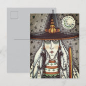 SPOOKY HALLOWEEN HEKS, GEESTEN, ZWARTE KAT OORBELL BRIEFKAART (Voorkant / Achterkant)