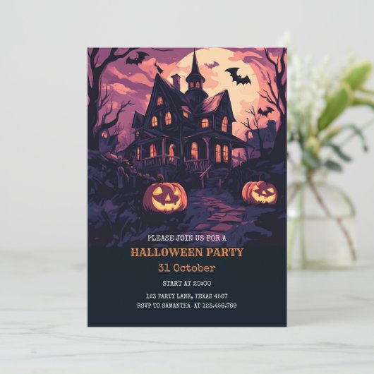 Spooky Halloween House at Night Party Feestdagenkaart (Staand voorkant)