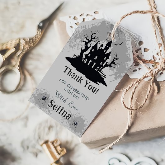 Spooky Halloween House Ghost Verjaardagsfeest Cadeaulabel