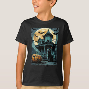 Spooky Halloween huis met zwarte kat T-shirt