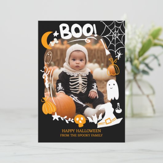 Spooky Halloween illustraties schattige Boo 2 foto Feestdagenkaart (Staand voorkant)