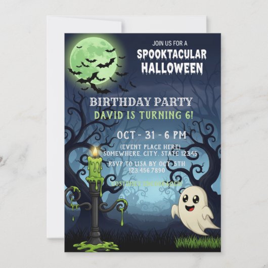 Spooky Halloween Invitation Kaart met spook, vleer (Voorkant)
