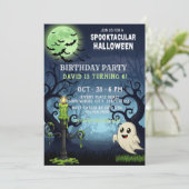 Spooky Halloween Invitation Kaart met spook, vleer (Staand voorkant)