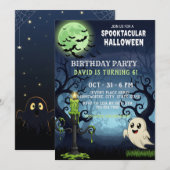Spooky Halloween Invitation Kaart met spook, vleer (Voorkant / Achterkant)