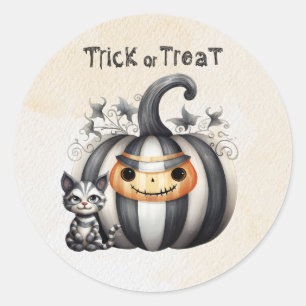 Spooky Halloween Kitten Zwart Gestreepte Pompoen Ronde Sticker