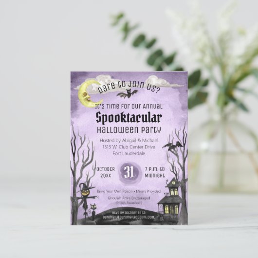 Spooky Halloween kostuum Spooktacular zwart Paarse Briefkaart (Staand voorkant)