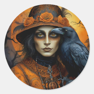 Spooky Halloween kraai in vermomming Ronde Sticker