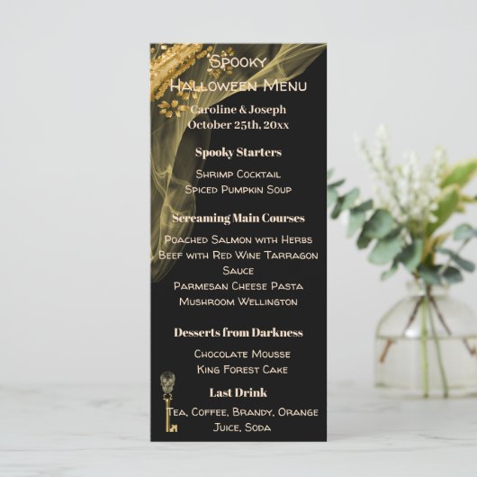 Spooky Halloween Menu met Black, Gold & Skulls (Staand voorkant)
