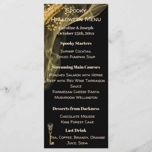 Spooky Halloween Menu met Black, Gold & Skulls (Voorkant)