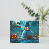 Spooky Halloween met Evil Snowman, Pumpkin Feestdagenkaart (Staand voorkant)
