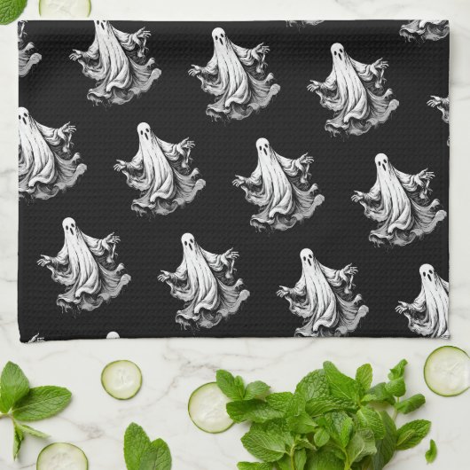 Spooky Halloween met zwarte en witte geesten Theedoek (Gevouwen)