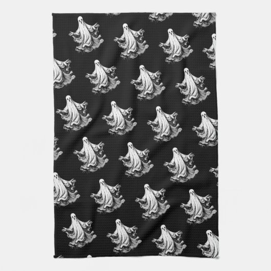 Spooky Halloween met zwarte en witte geesten Theedoek (Verticaal)