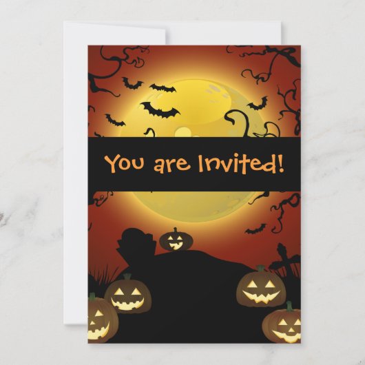Spooky Halloween Moon, Pumpkins and Bats Invitatio Kaart (Voorkant)