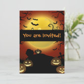 Spooky Halloween Moon, Pumpkins and Bats Invitatio Kaart (Staand voorkant)