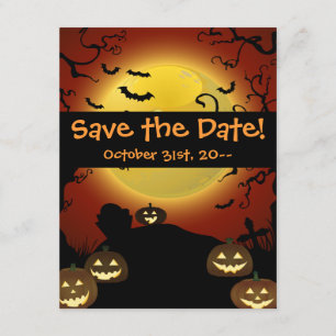 Spooky Halloween Moon, Pumpkins and Bats Invitatio Save The Date