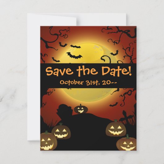 Spooky Halloween Moon, Pumpkins and Bats Invitatio Save The Date (Voorkant)