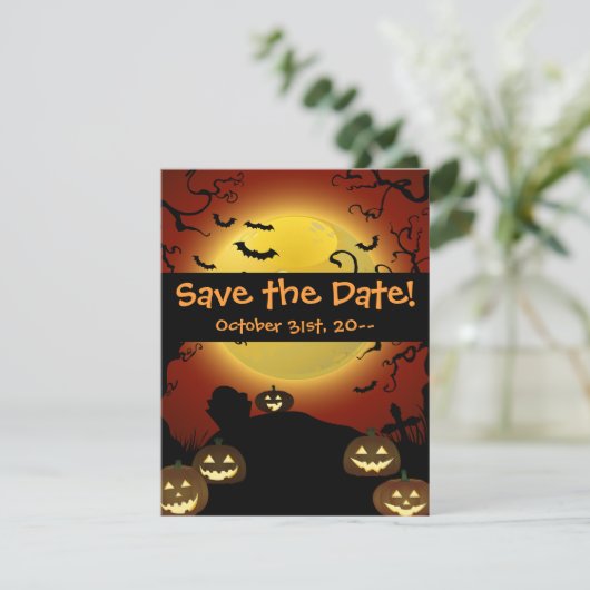 Spooky Halloween Moon, Pumpkins and Bats Invitatio Save The Date (Staand voorkant)