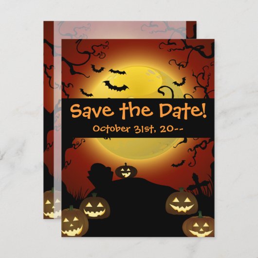 Spooky Halloween Moon, Pumpkins and Bats Invitatio Save The Date (Voorkant / Achterkant)